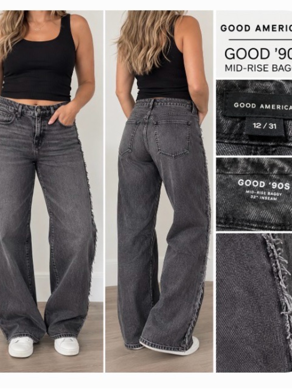 Good American Washed Black Mid-Rise Wide-Leg Jeans